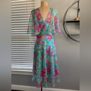 Vtg‎ Victor Costa Watercolor Floral Print Sheer Dress Size 8(Fits like a Small)
